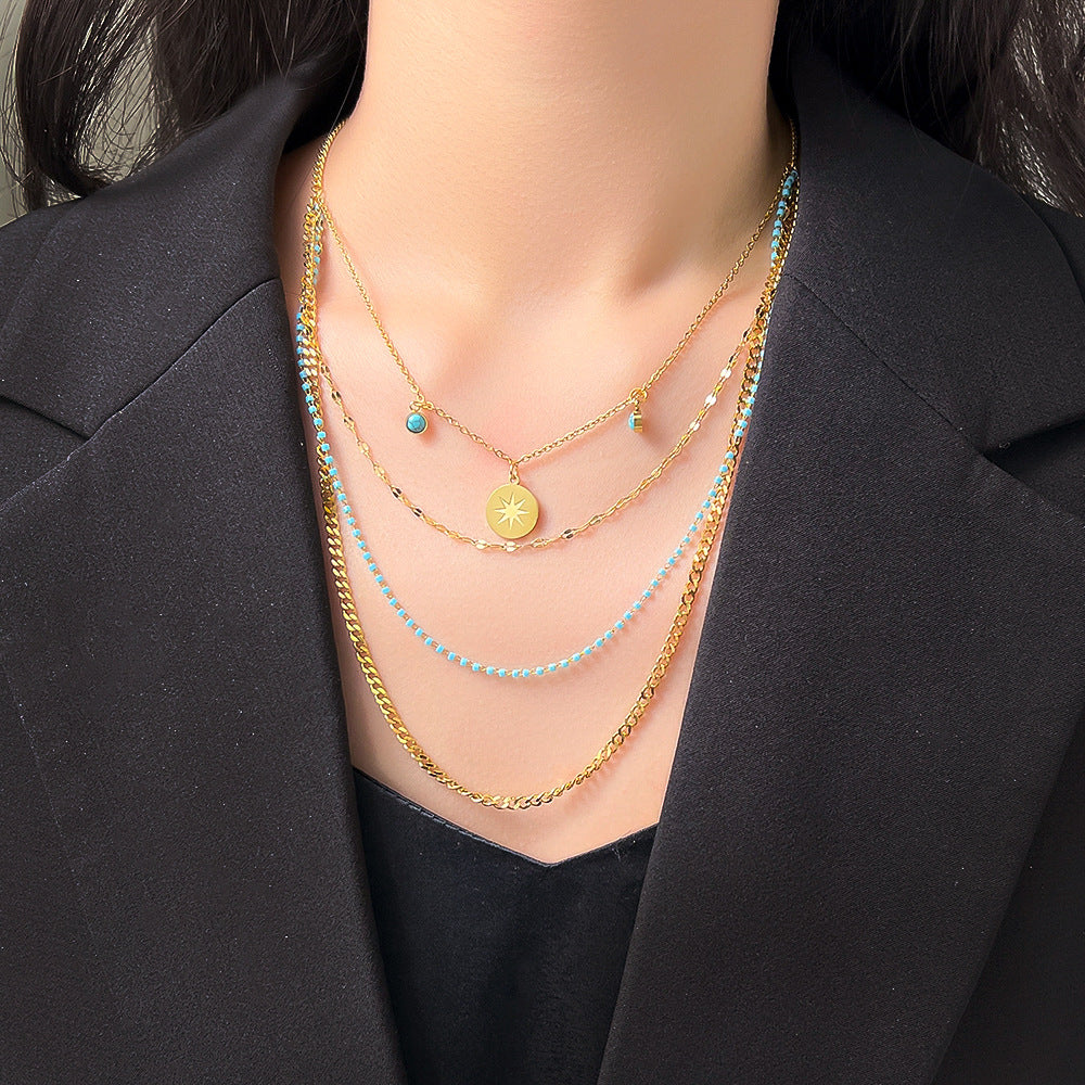 Wholesale Titanium Steel Double Layer Turquoise Pendant Necklace